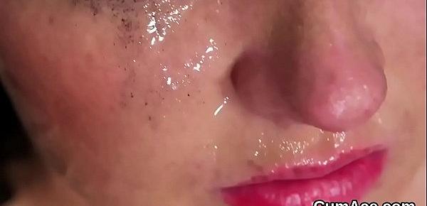 Frisky hottie gets cum load on her face swallowing all the load